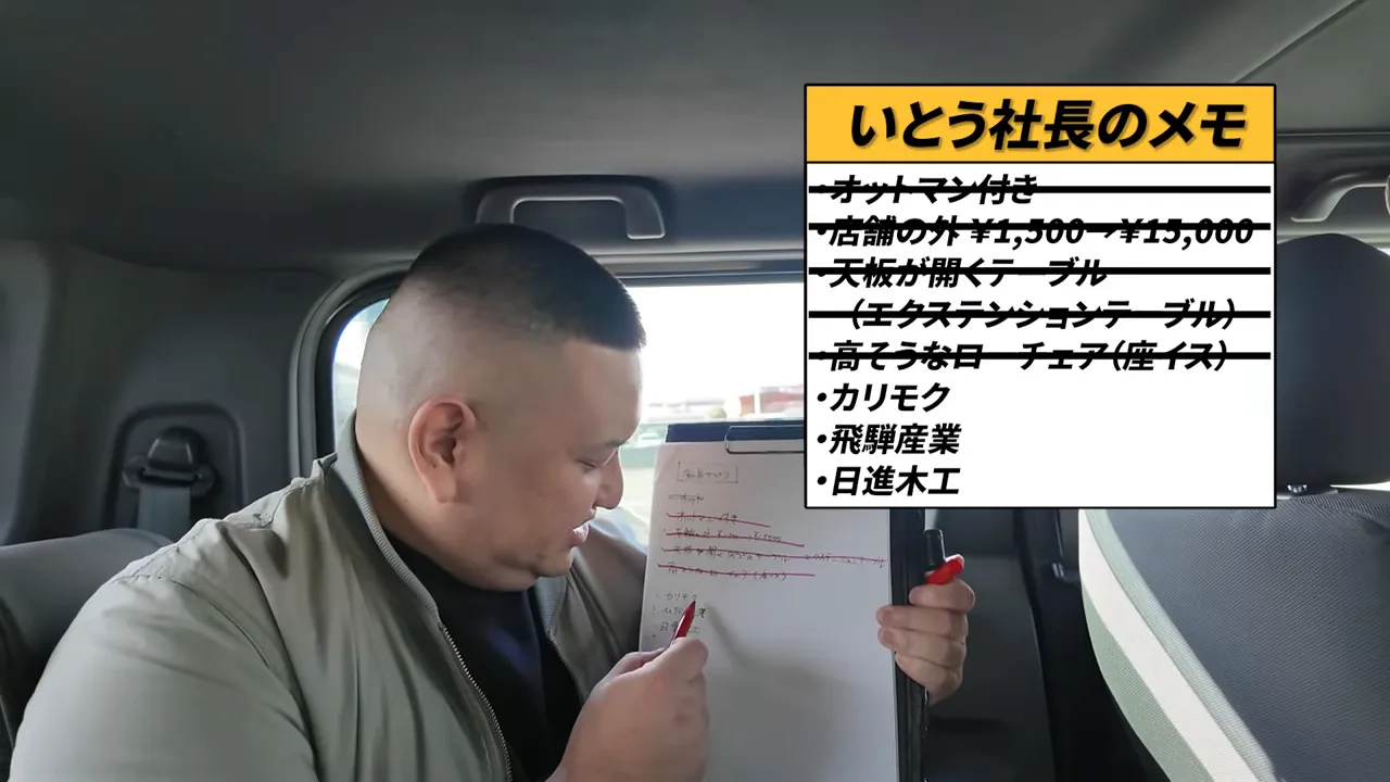 車内で条件表メモを持ちながら家具せどり検証の説明をする様子