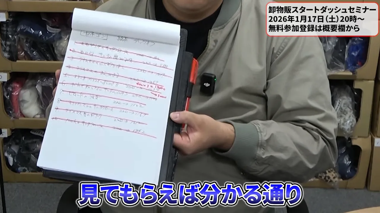 赤線で消された多数の項目が書かれたメモを見せるクリップボードのクローズアップ