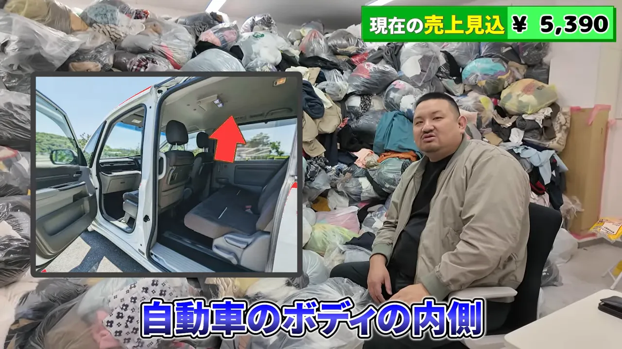 自動車の内装写真と古着の山を背景に反毛原料を説明する場面