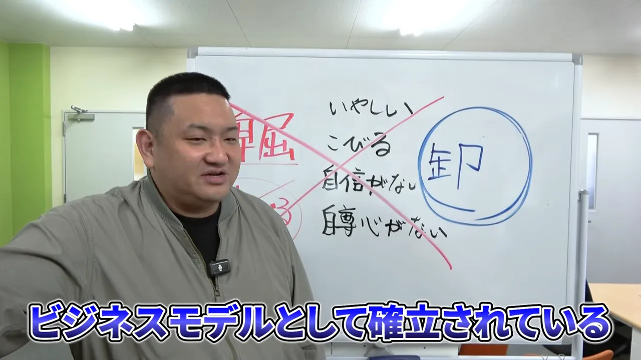 ホワイトボードに書かれた『卸』と講師の説明風景