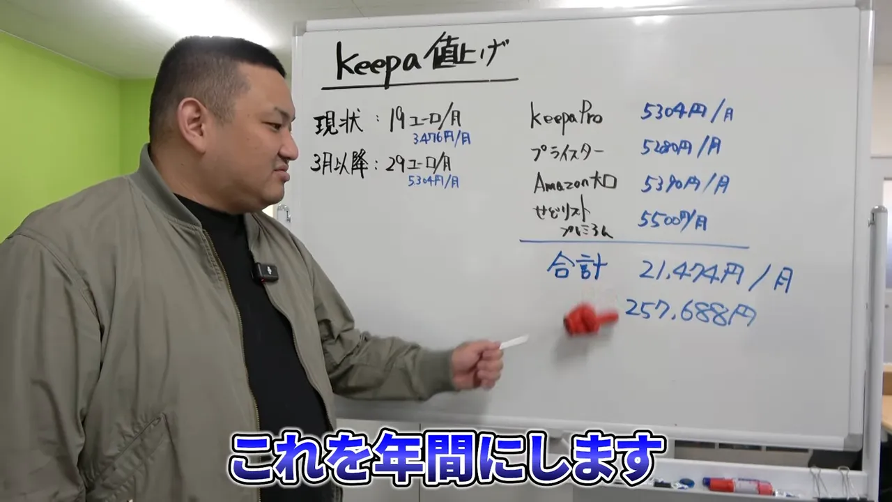 話者がホワイトボードの前でKeepaの値上げとツール費用の内訳を説明している様子（字幕あり）