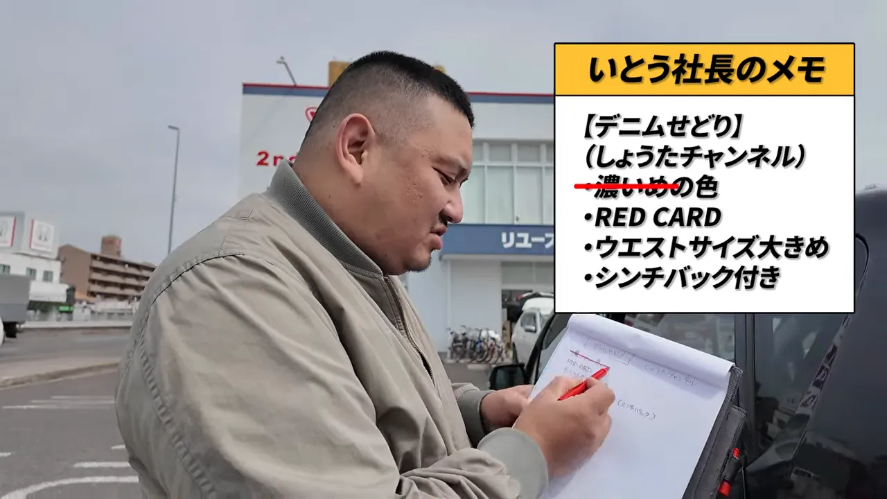 駐車場でバインダーを持ちノウハウ条件一覧のうち結果を整理している画面