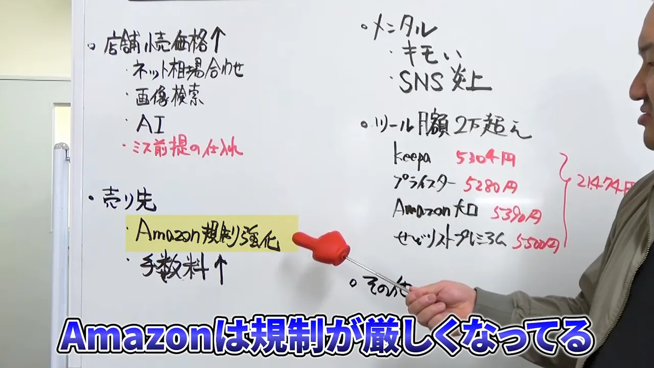 Amazon規制が厳しくなっていることを強調するホワイトボードと解説者