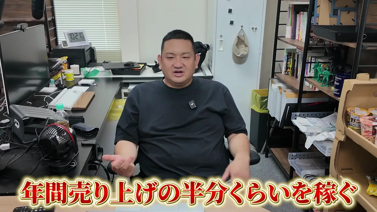 事務所に座る男性と、年間売り上げの半分くらいを稼ぐという字幕
