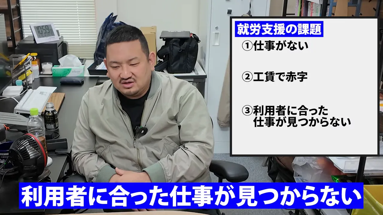 就労支援の課題として仕事がない、工賃で赤字、利用者に合った仕事が見つからないと表示されている