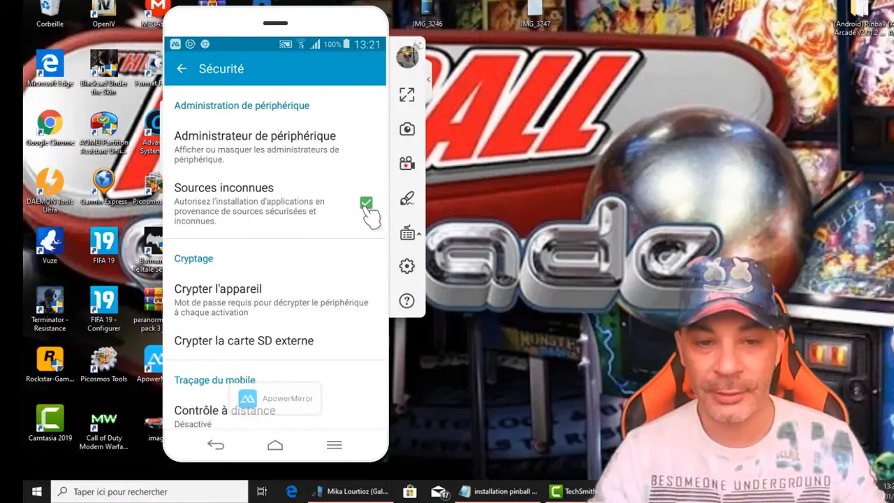 Écran Sécurité Android avec la case 'Sources inconnues' cochée et le curseur cliquant dessus
