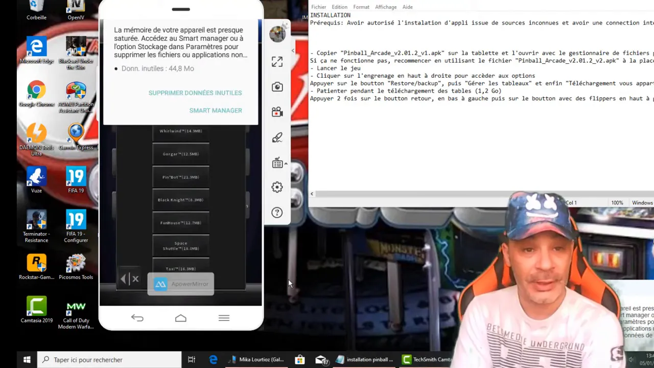 Alerte mémoire presque saturée sur Android affichée lors du téléchargement des tables Pinball Arcade