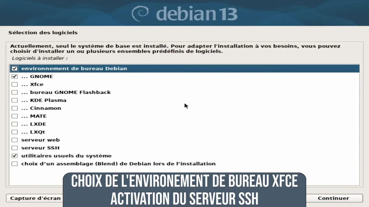 Écran d'installation Debian 13 avec la sélection des logiciels incluant XFCE et serveur SSH