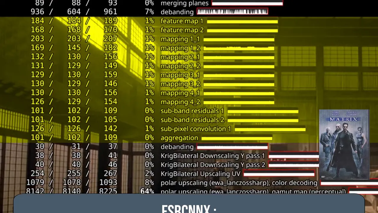Statistiques MPV avec légende sur FSRCNNX et image vidéo teintée en arrière-plan