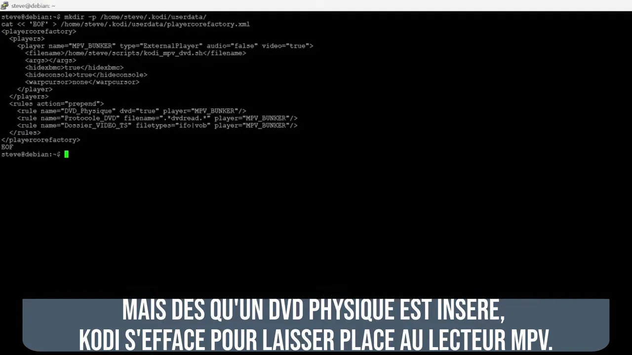 Interface Kodi avec menu latéral et message d'accueil sur fond bleu sombre