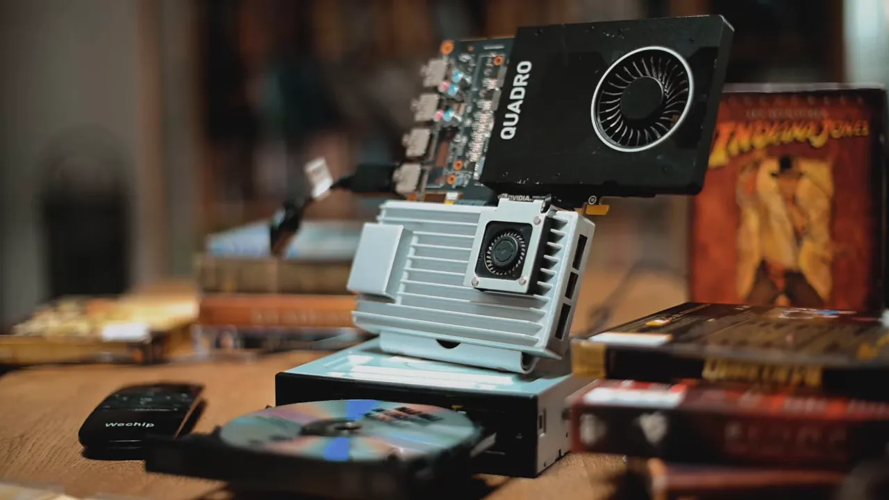 Carte graphique Quadro installée en angle sur une petite Zimaboard posée sur une table avec des DVD autour