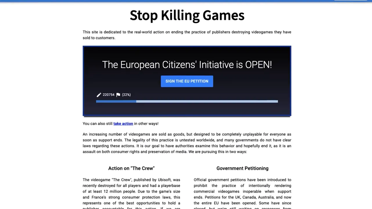 Visuel de la pétition 'Stop Killing Games' pour préserver l'accès aux jeux