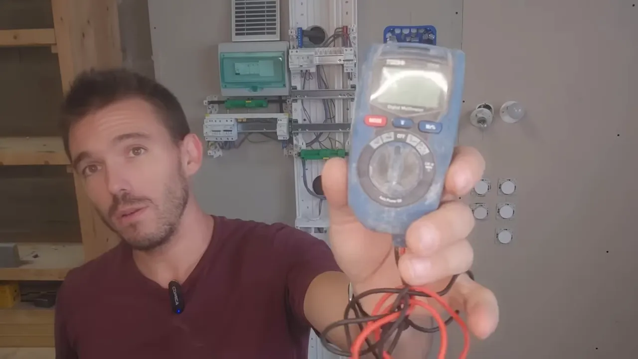 Gros plan d'un multimètre numérique tenu vers la caméra, cordons visibles.