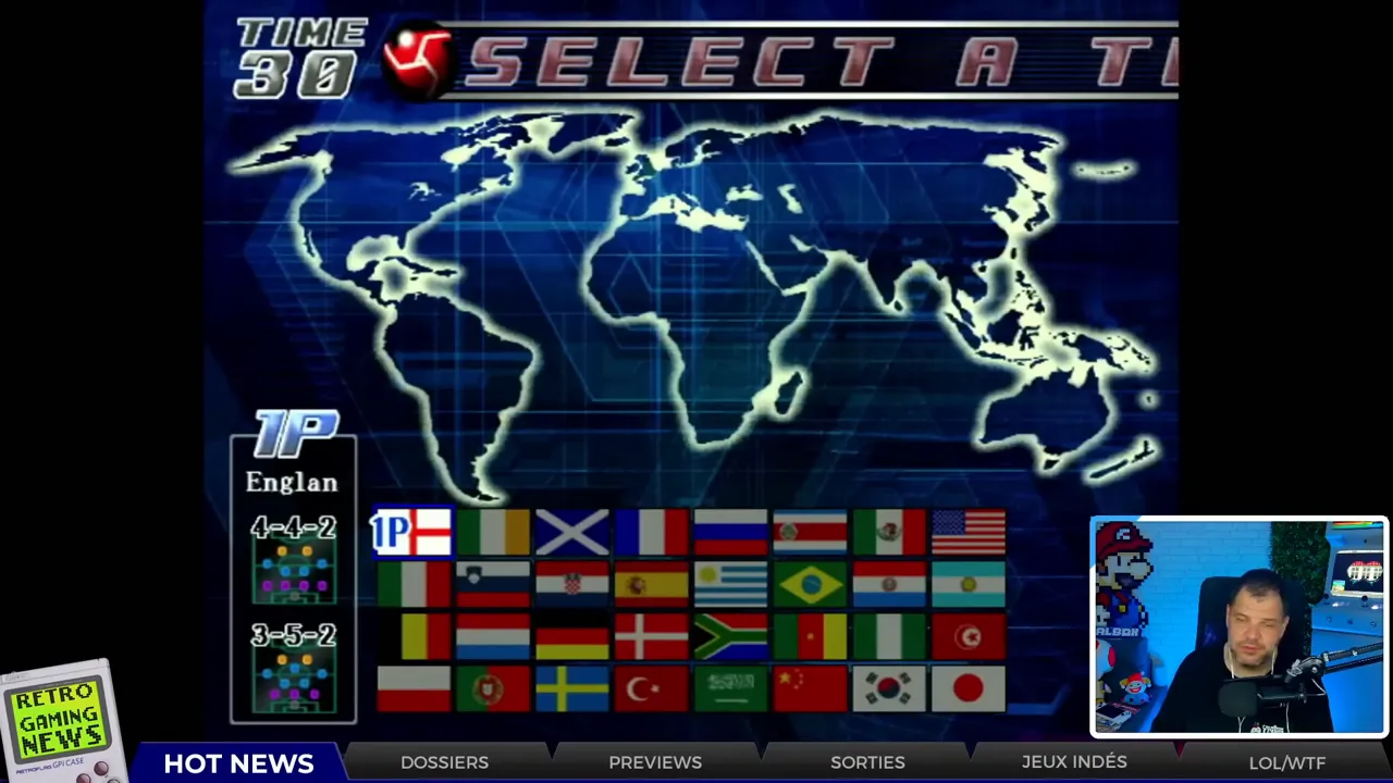 Écran de sélection et interface de jeu Premier Eleven sur fond bleu