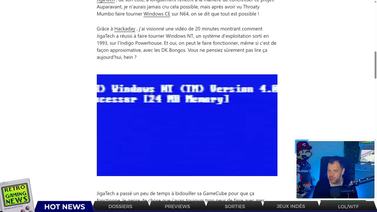 Écran bleu de Windows NT affiché sur un ancien moniteur avec photo de l'installation