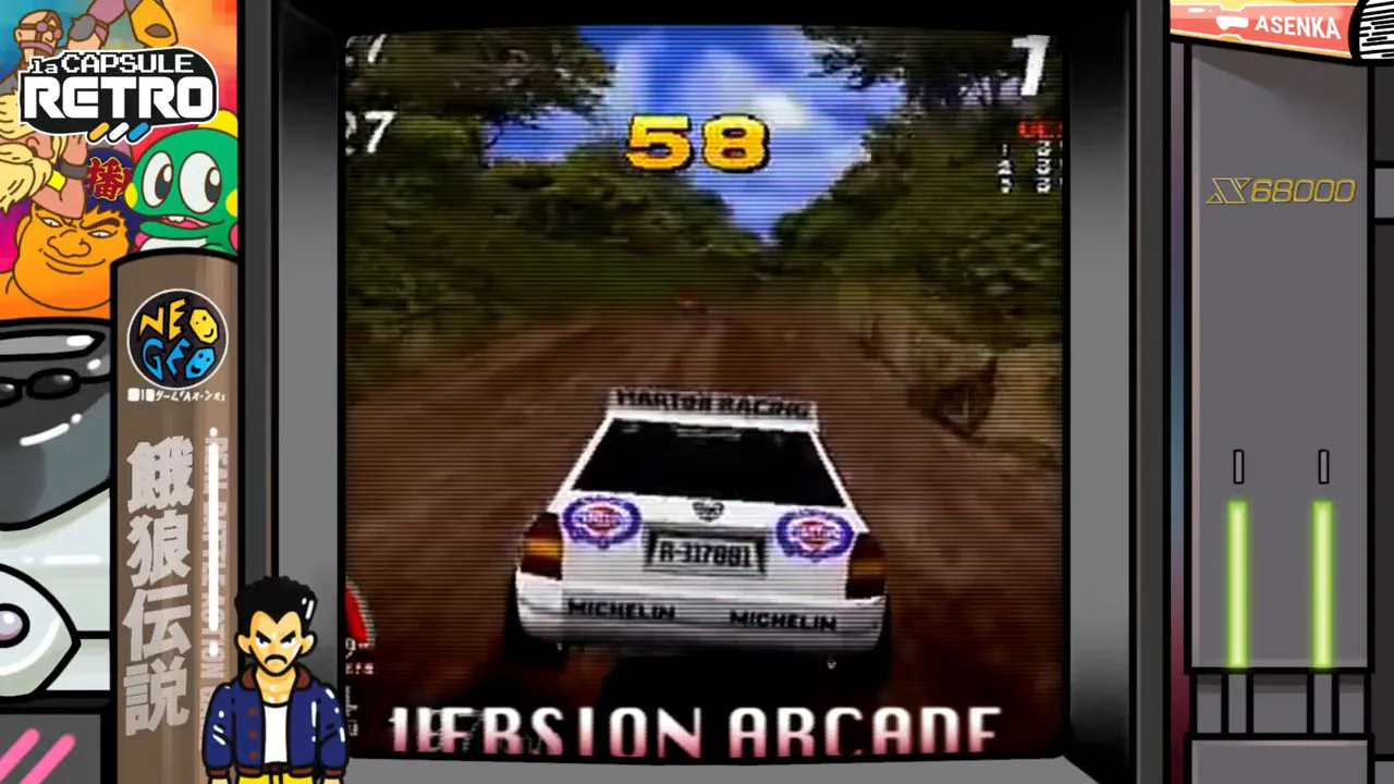 Sega Rally sur borne : voiture en vue arrière avec HUD et score