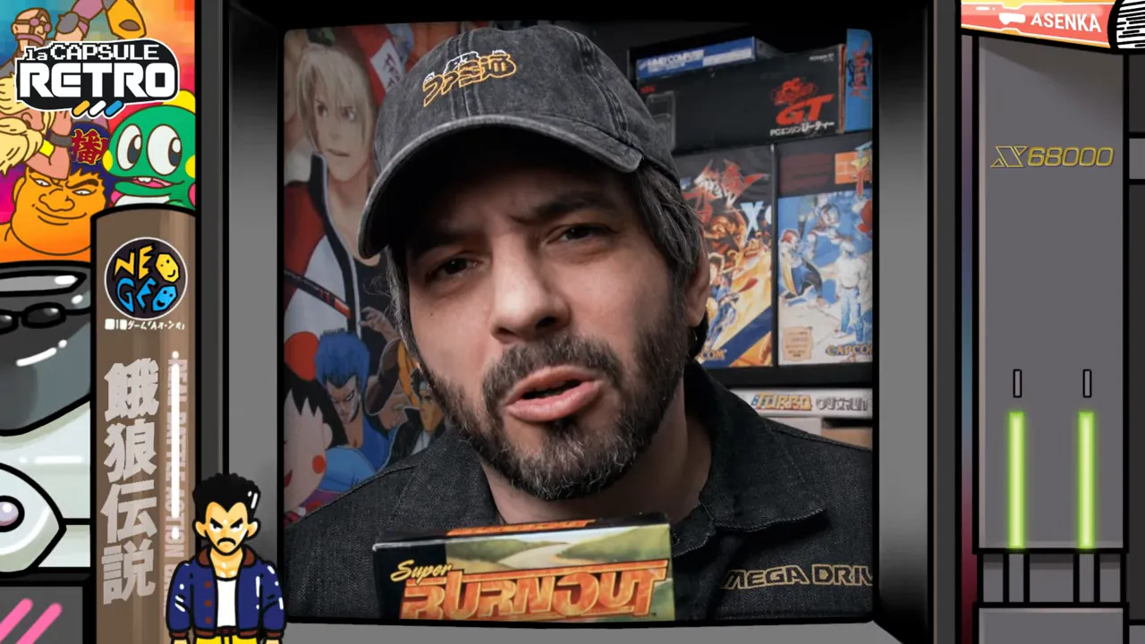 Présentateur tenant le jeu Super Burnout dans une mise en scène rétro