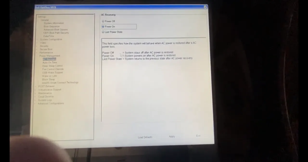 Écran BIOS : option Power on after 220V is restored