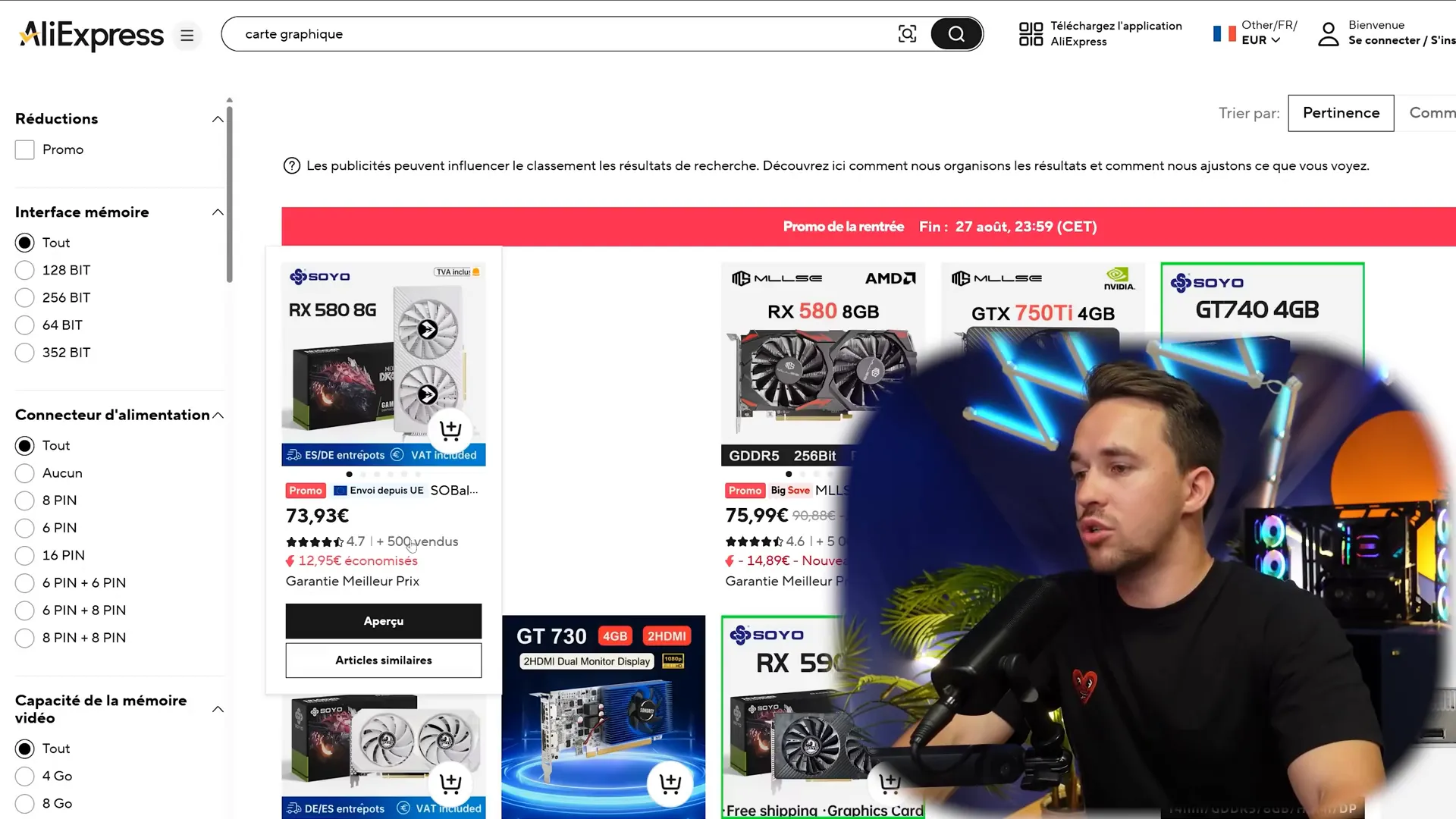 Recherche de cartes graphiques sur AliExpress, résultats majoritairement anciens modèles