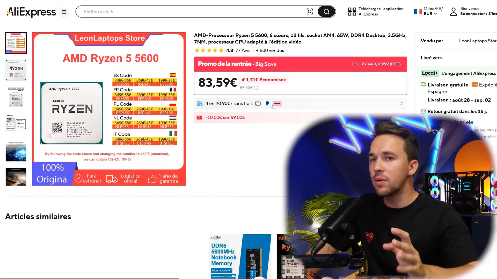 Listing Ryzen 5 5600 sur AliExpress, prix attractif