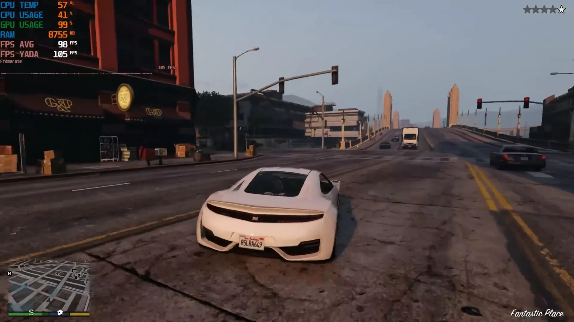 GTA V en jeu, paramètres élevés, performance autour de 97 FPS