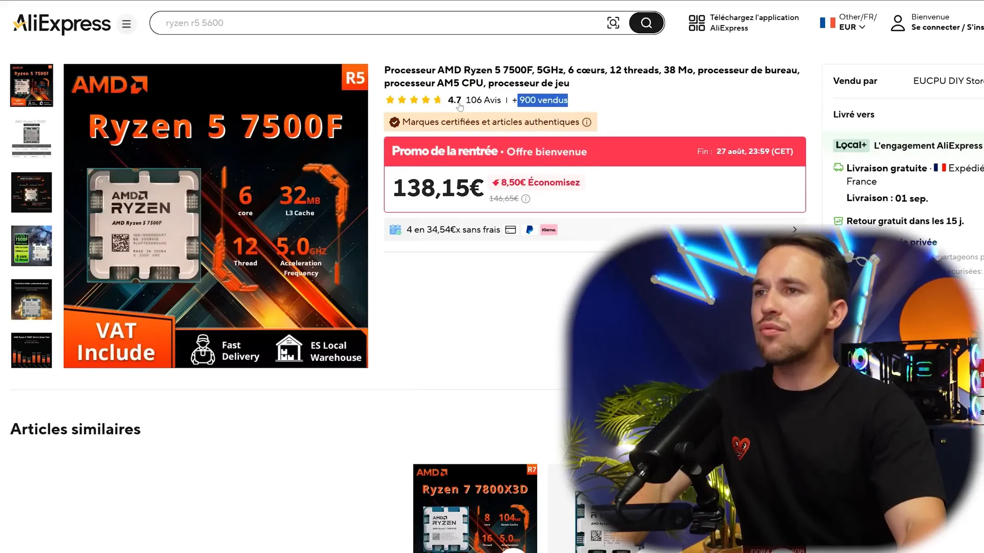 Capture montrant avis et nombre de ventes, critère important