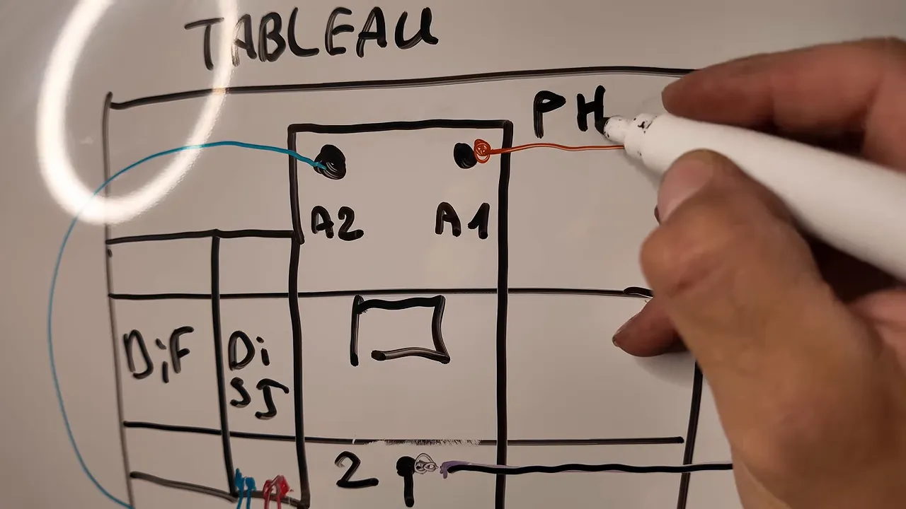 Schéma manuscrit détaillé d'un tableau électrique avec télérupteur et conducteurs colorés