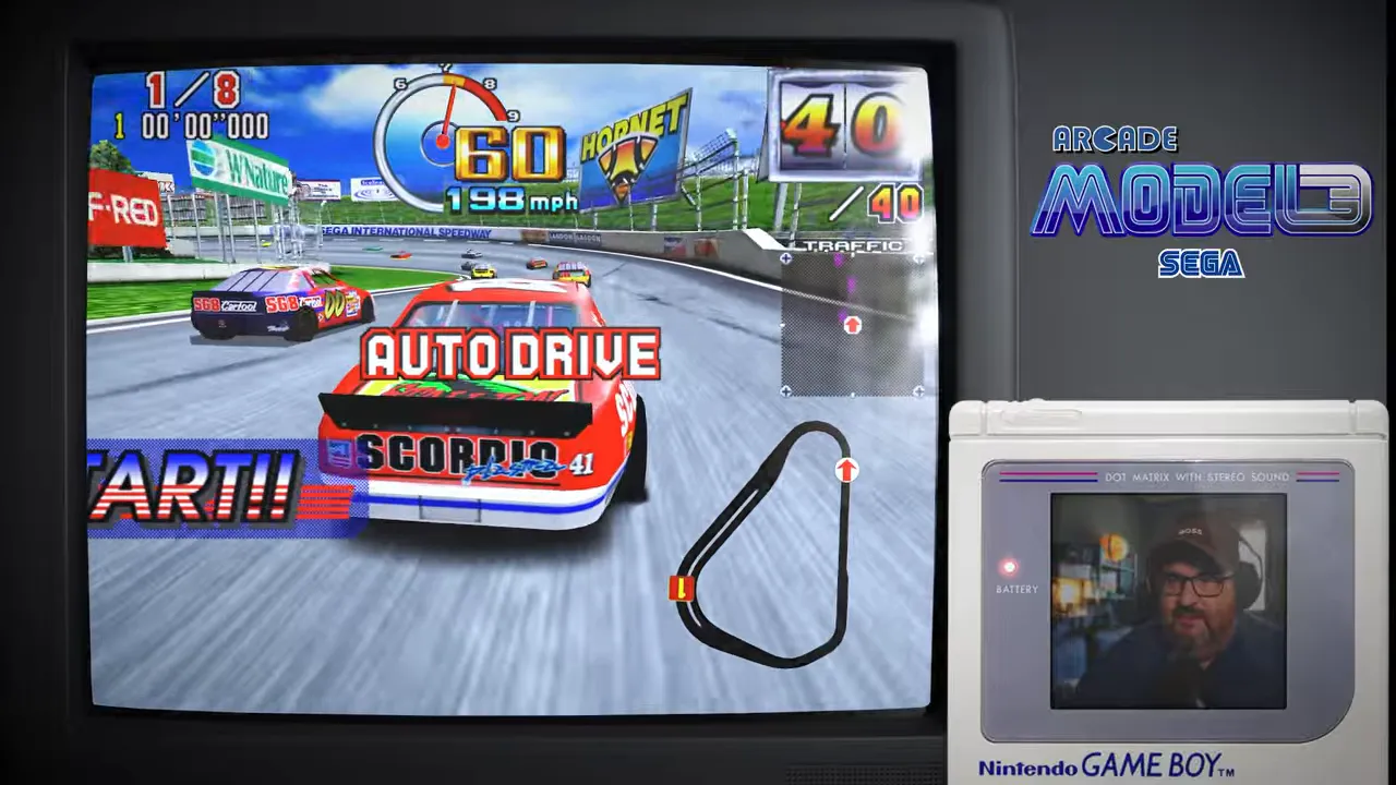 Course Daytona USA 2 avec voiture de stock car rouge sur circuit ovale