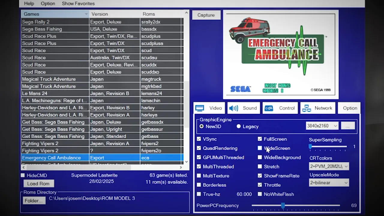 Fenêtre de l émulateur Sega Model 3 avec liste de jeux et réglages vidéo