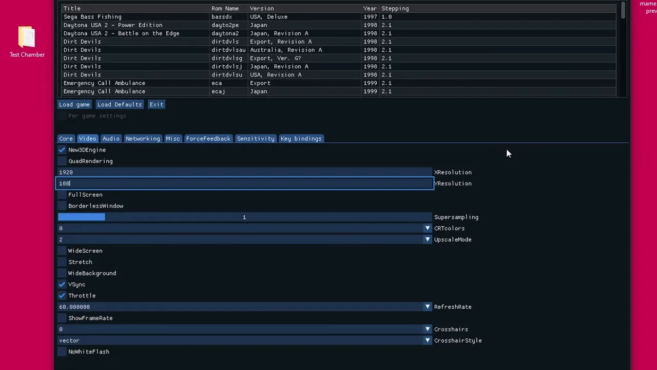 Réglages de résolution et options d'affichage dans Supermodel, montrant 1920x1080 et le mode widescreen