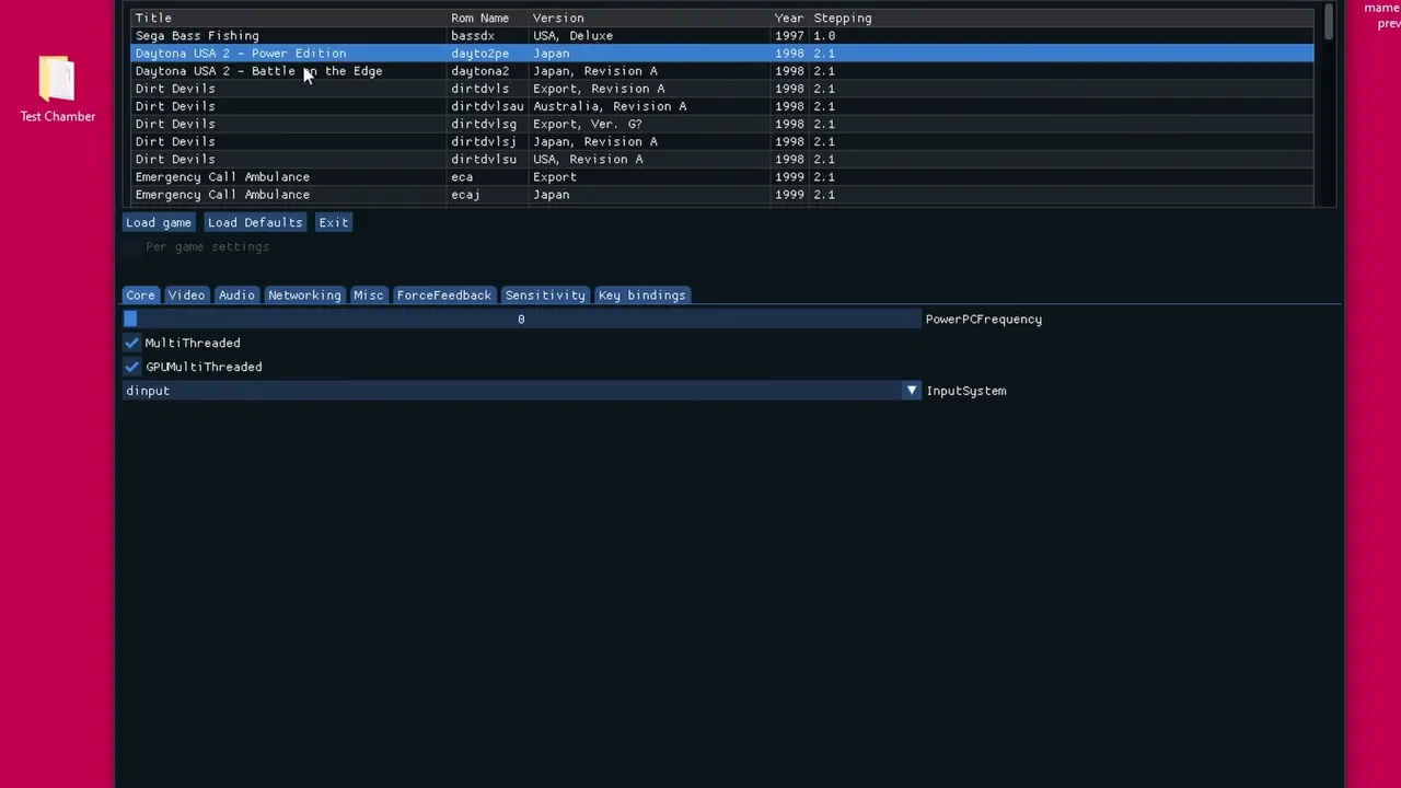 Fenêtre principale de l'interface utilisateur de Supermodel montrant la liste des jeux organisés par année