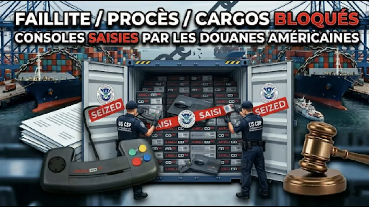 Illustration de consoles Amiga CD32 marquées seized devant un port avec un marteau de juge