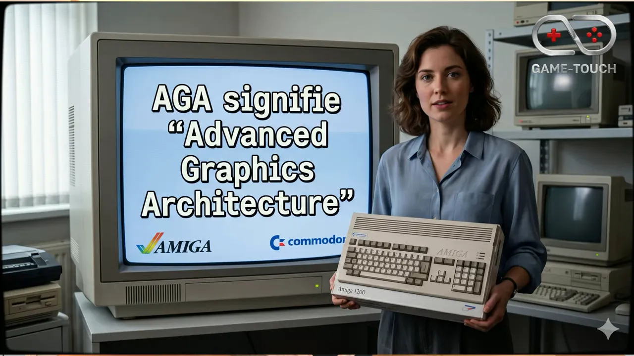 Écran expliquant que AGA signifie Advanced Graphics Architecture à côté d'un Amiga