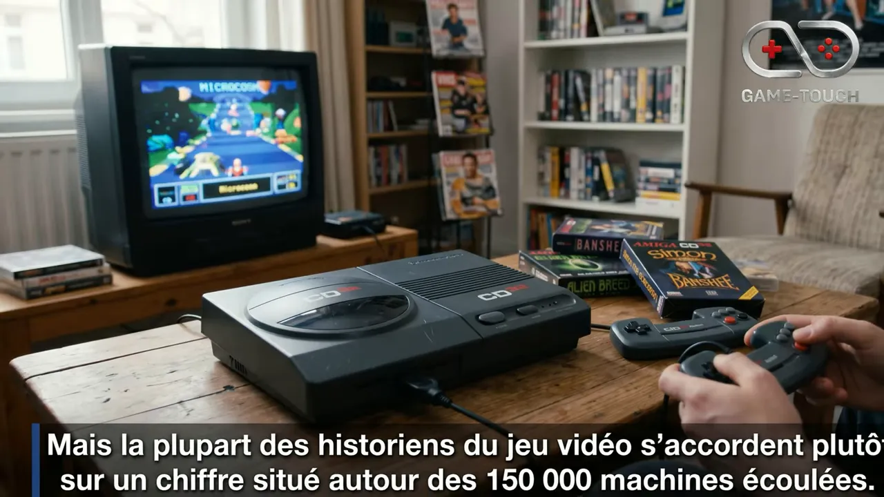 Amiga CD32 posée sur une table devant un téléviseur avec un texte indiquant environ 150 000 machines écoulées