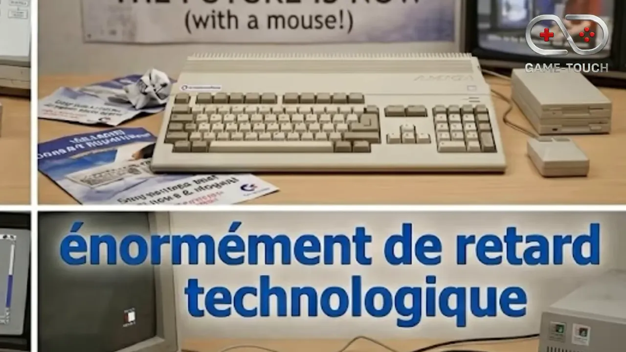 Montage montrant des ordinateurs Amiga avec le texte énorme retard technologique