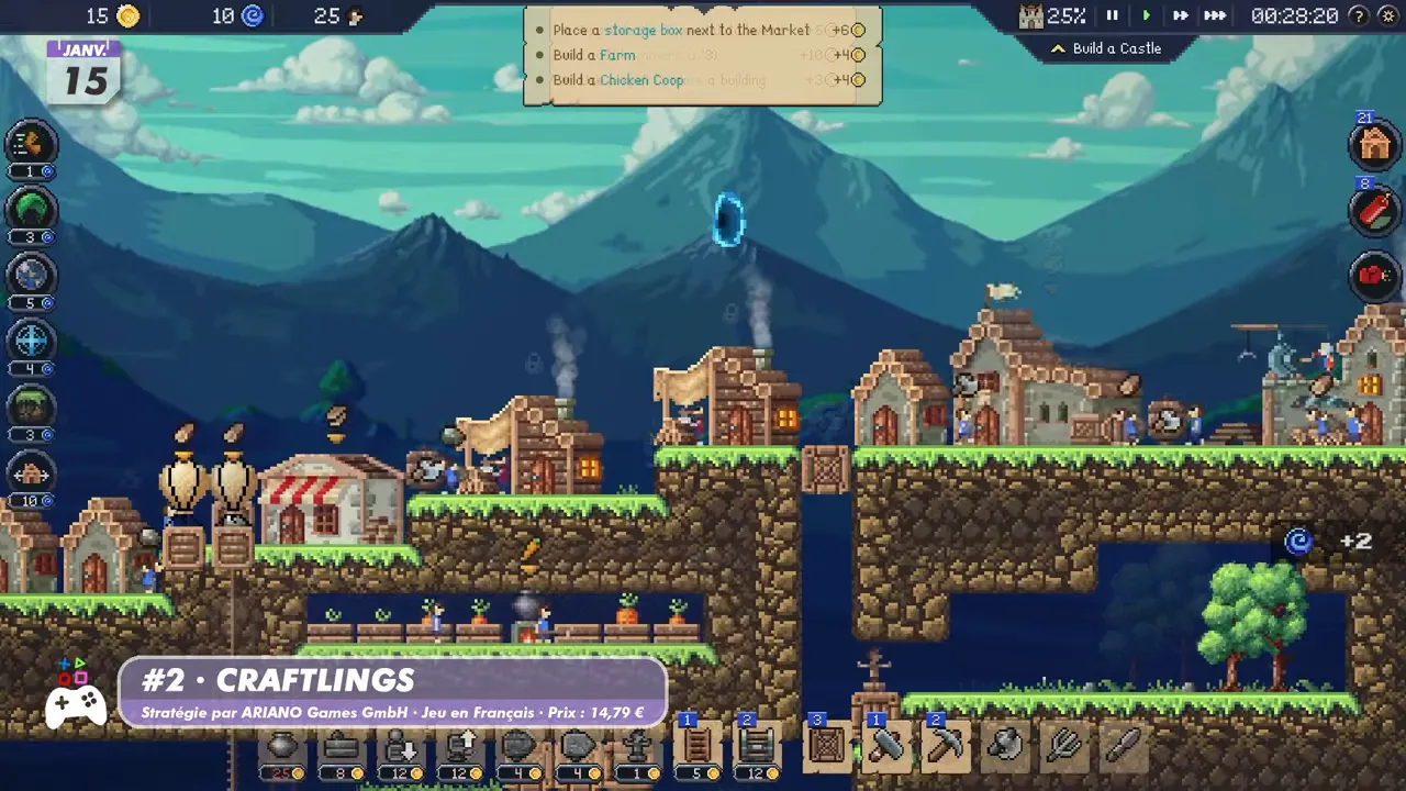 Craftlings : interface de placement et outils de gestion sur un niveau pixel art