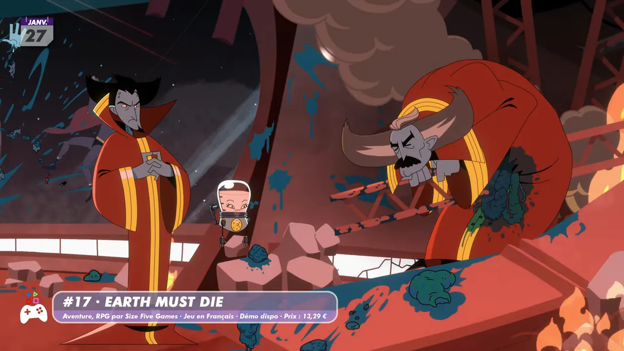 Earth Must Die - personnages affrontant une situation chaotique dans un décor animé