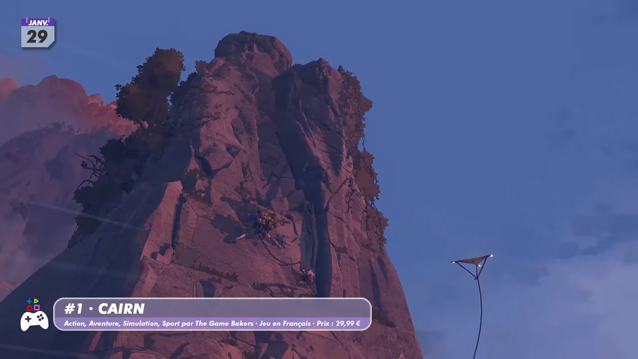 Gameplay de Cairn : grimpeur accroché à une paroi avec un paysage montagneux en arrière-plan