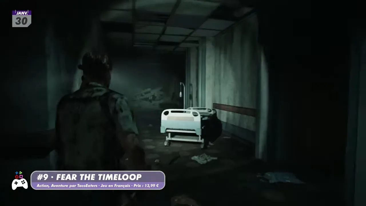 Fear The Timeloop : couloir d’hôpital sombre vu de dos, chariot/ambulance au fond