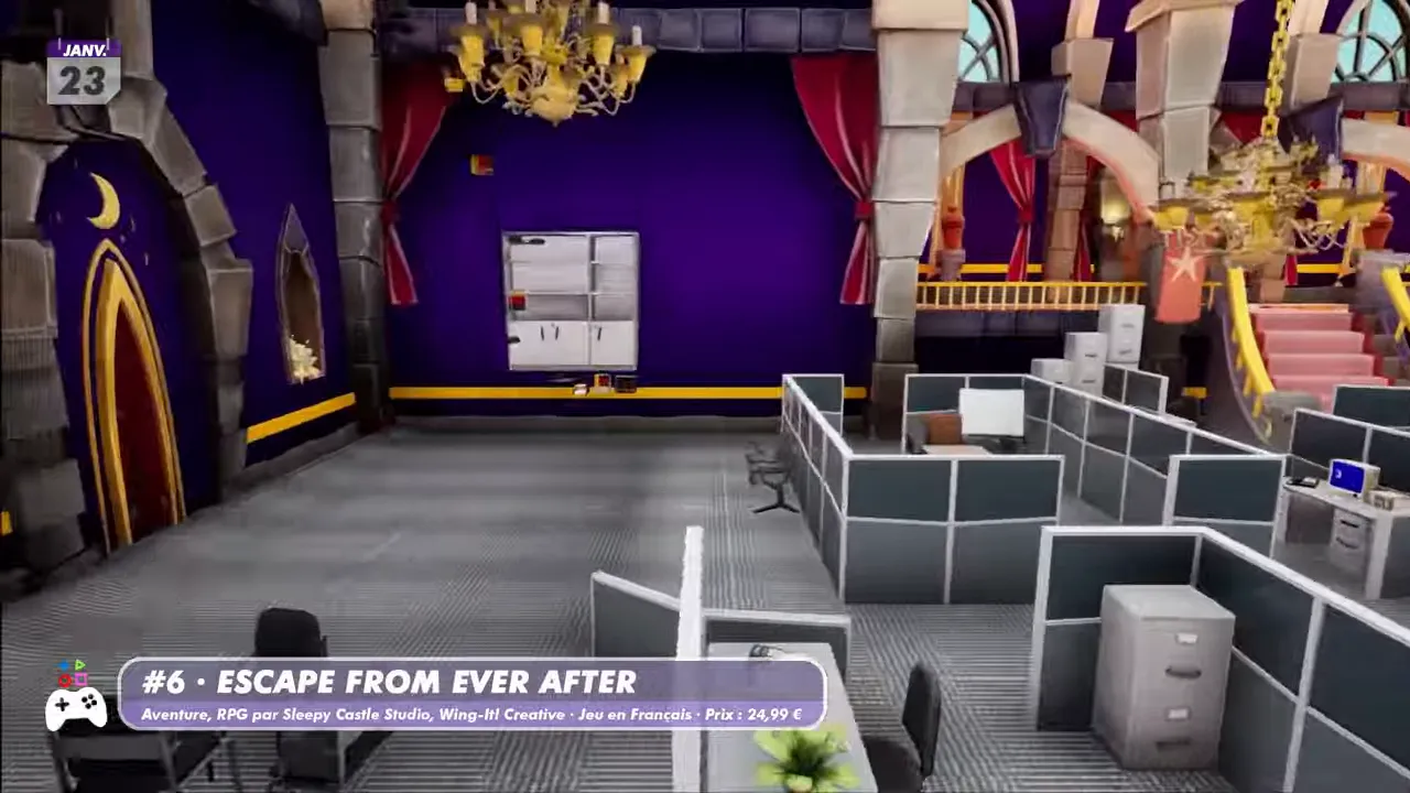 Escape from Ever After : couloir sombre intérieur avec chariots et barrières