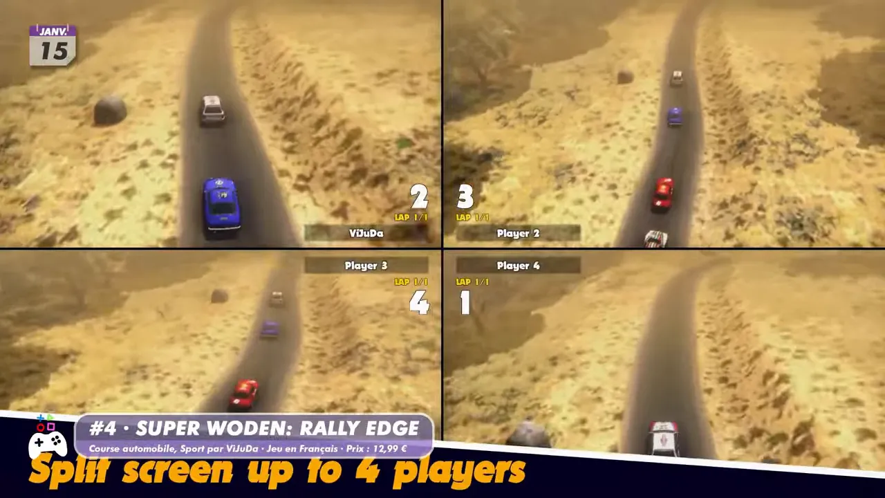 Split-screen multijoueur dans Super Woden: Rally Edge jusqu’à quatre joueurs sur une piste de rallye