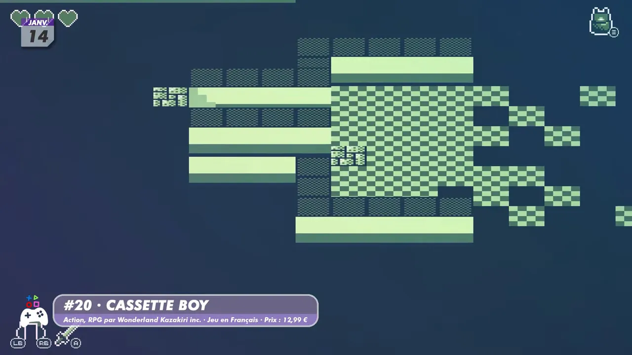 Cassette Boy : personnage pixelisé dans un labyrinthe isométrique vert