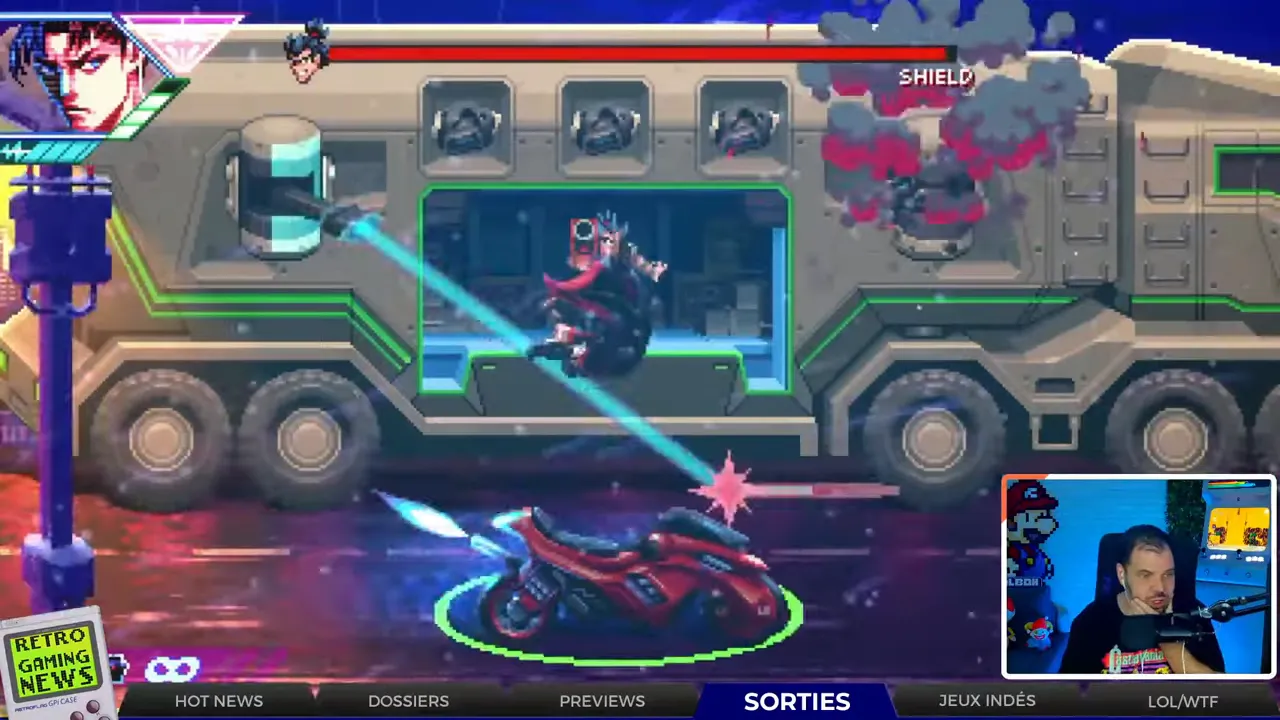 capture d'écran gameplay pixel art run'n'gun avec encart du présentateur en bas à droite