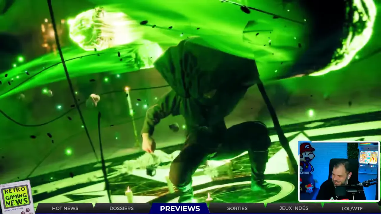 scène d'action 3D avec magie verte lumineuse et personnage au centre