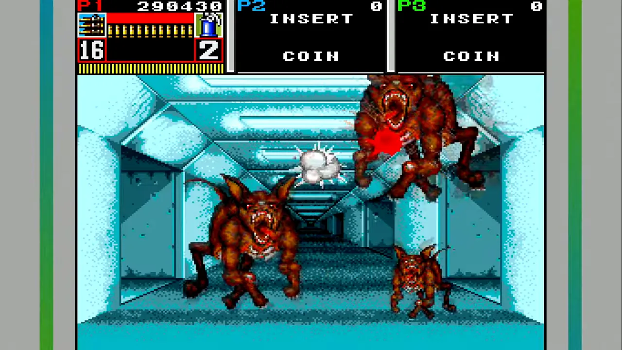 Couloir de Beast Busters avec monstres explosant en gerbes rouges