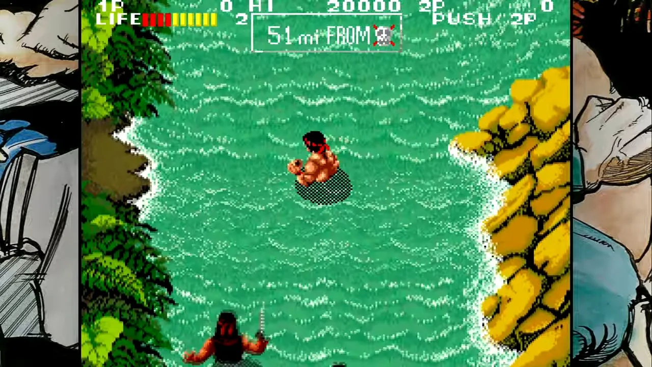 Combat dans l eau dans Ikari 3 avec plusieurs ennemis autour du personnage