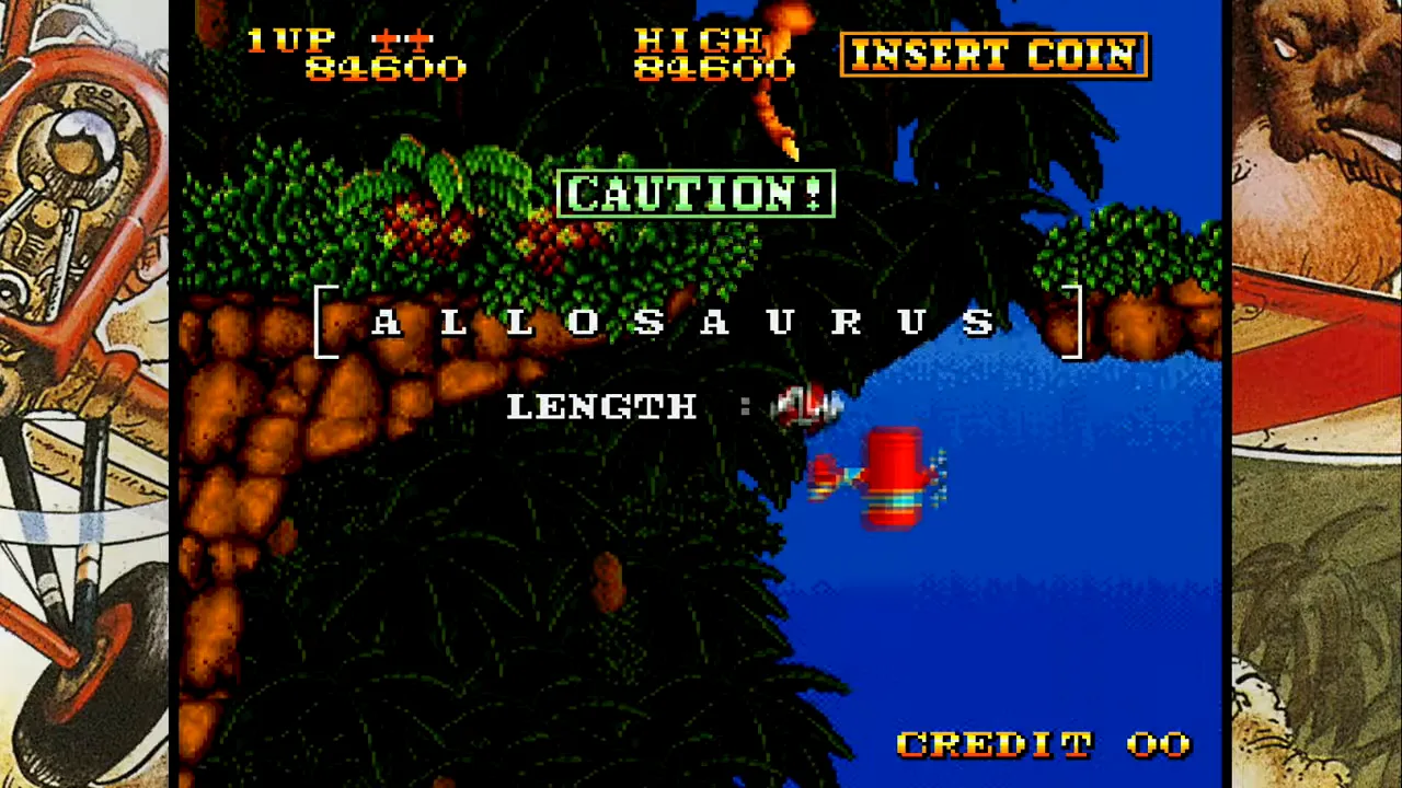 Écran de boss de Prehistoric Isle avec texte Allosaurus et avion en combat