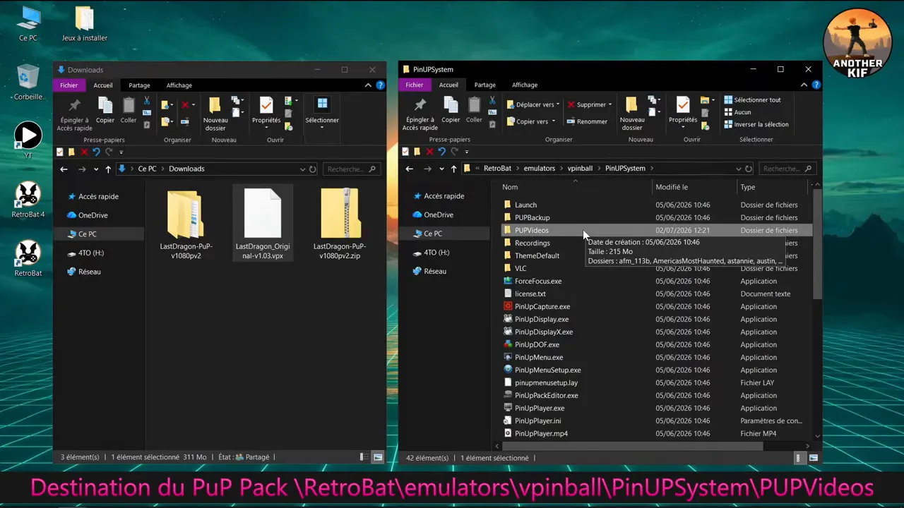 Explorateur Windows montrant le chemin Retrobat emulators vpinball PinUPSystem PUPVideos