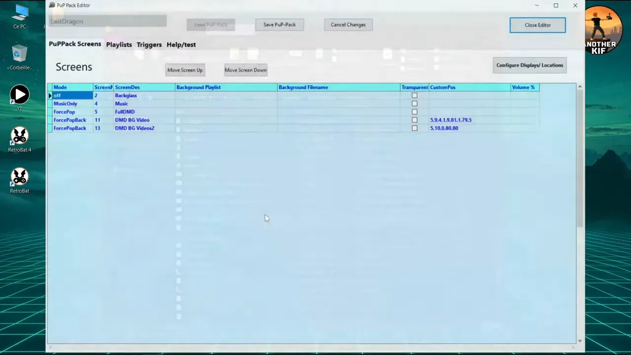 Fenêtre PuP Pack Editor affichant l onglet Screens avec plusieurs lignes de configuration