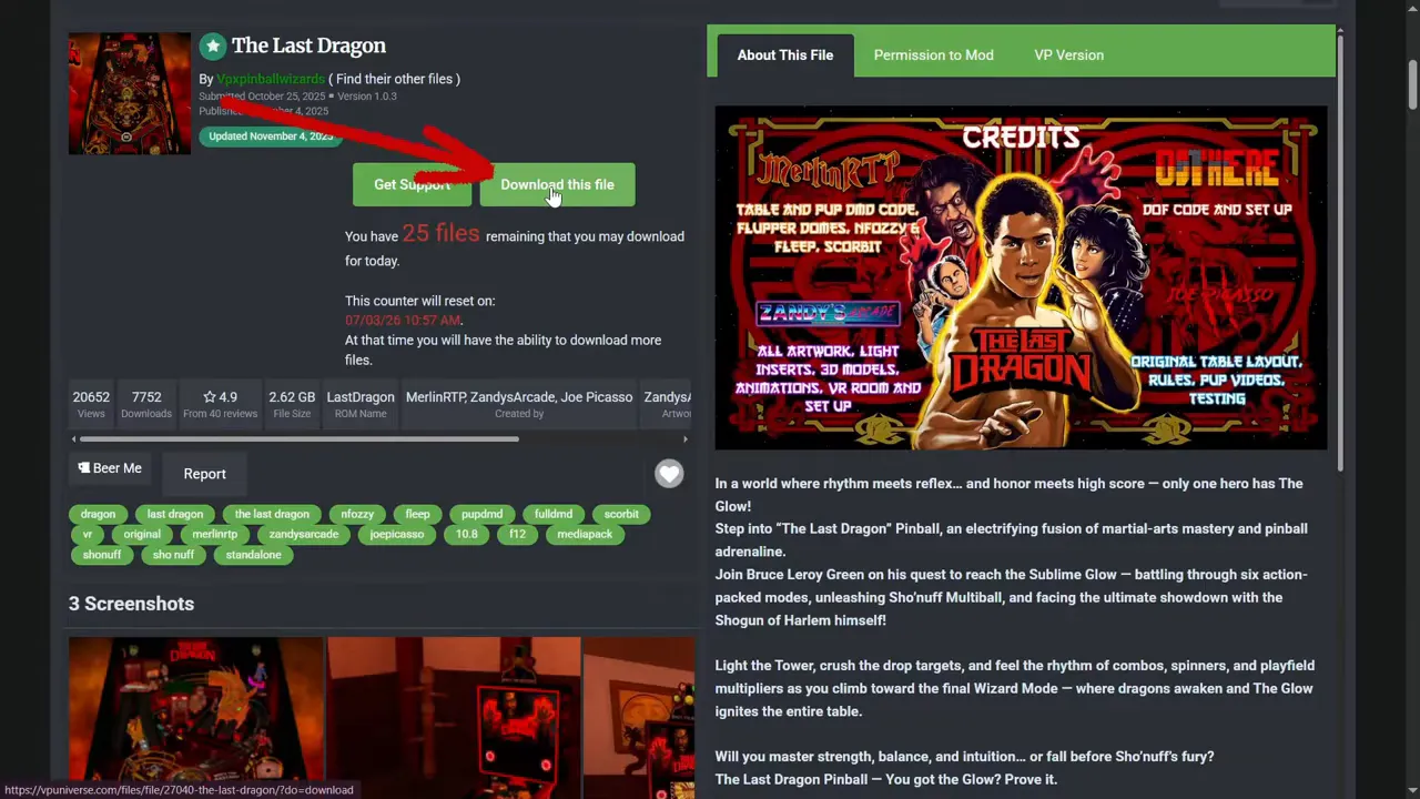 Fenêtre de téléchargement avec plusieurs fichiers disponibles pour The Last Dragon